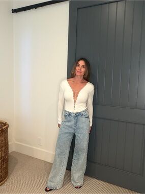 Blank NYC Light Blue Pearl-Embellished Wide Leg Jeans